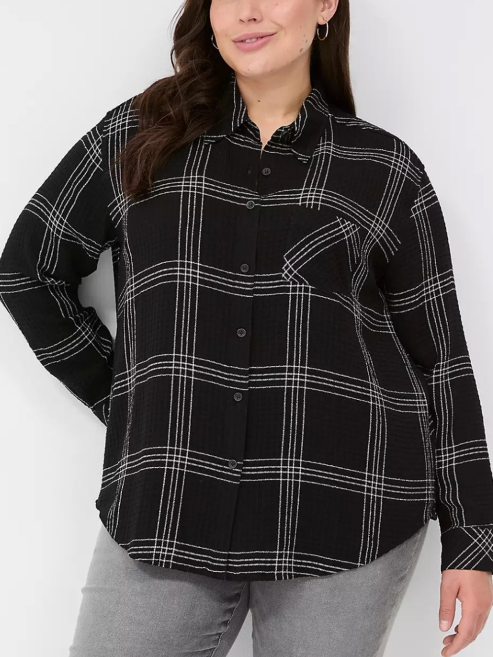 Lane Bryant Button-Down Crinkle Plaid Shirt, black & white